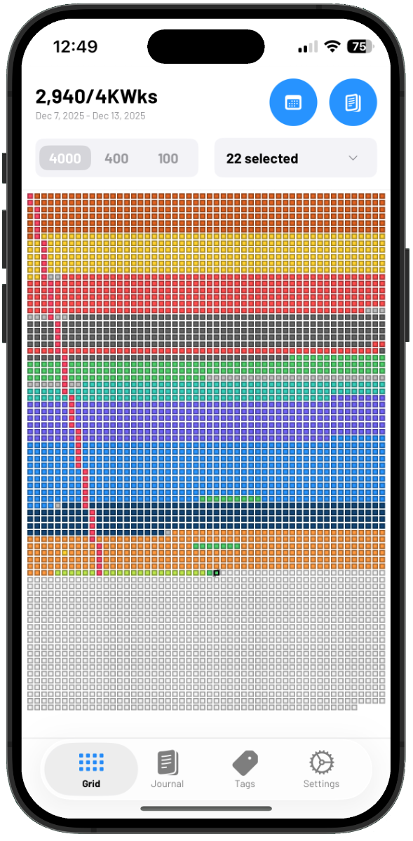 4KWks app interface showing life grid