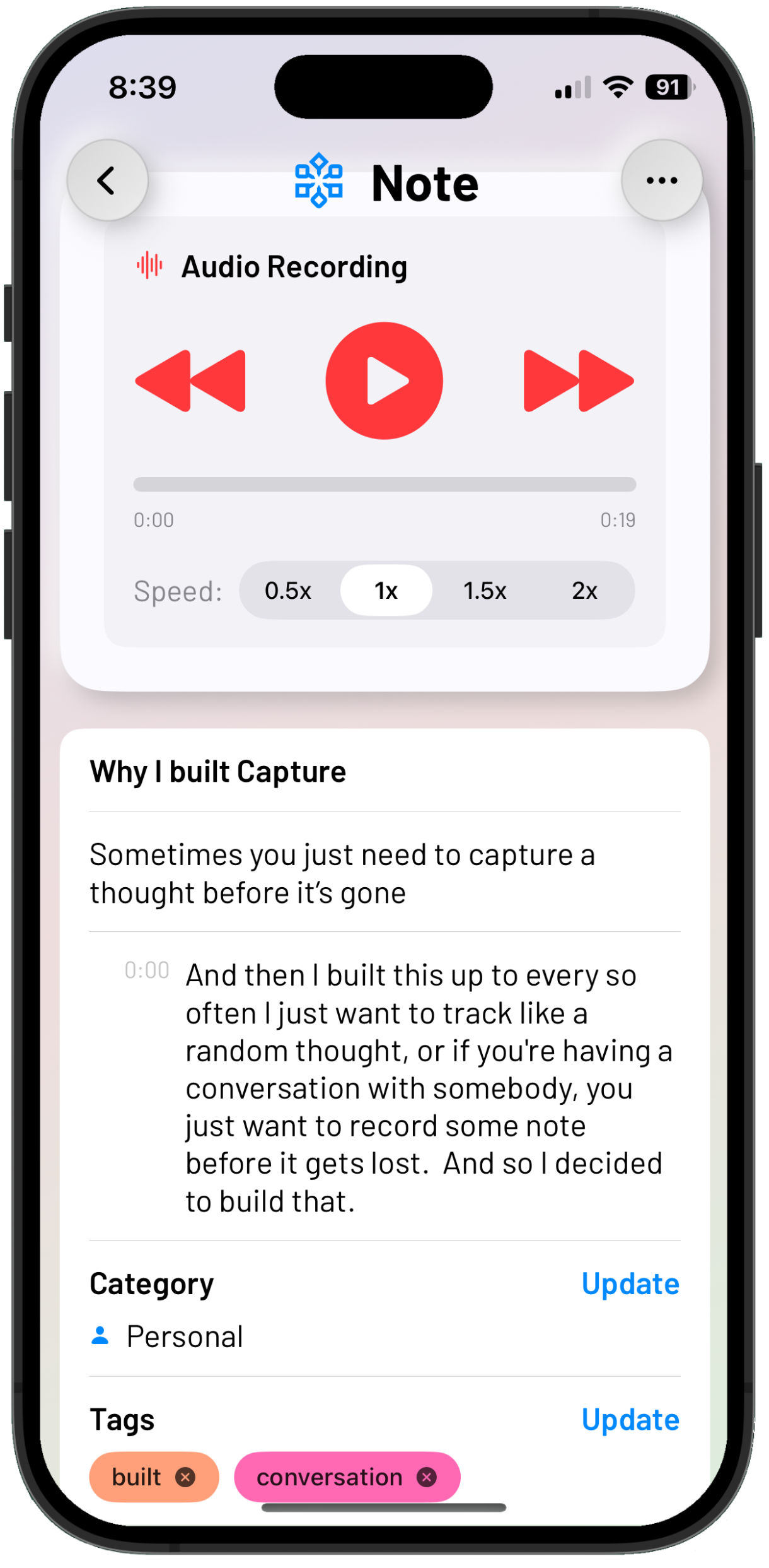Capture audio note view