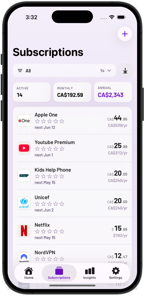 Steward Subscriptions screen